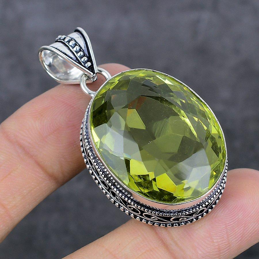 Natural Peridot Gemstone Handmade 925 Sterling Silver Jewelry Pendant 1.97" Q9s76