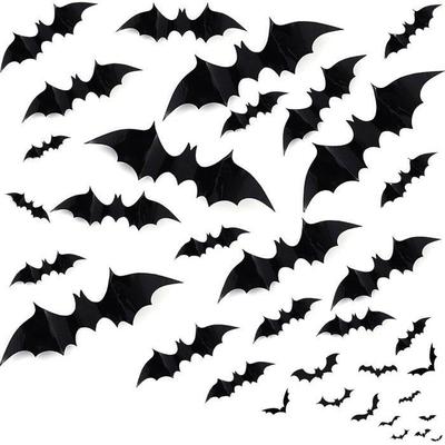 Décoration Murale Halloween 3D - AIMOONSA - Lot De 60 Chauves‑souris - Noir - 4 Tailles - Ailes Pliables 3D