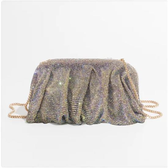 Shiny  Pleated Clutch Evening Bag for Women Chains Dumpling Bags New Folds Crystal Bags Bag