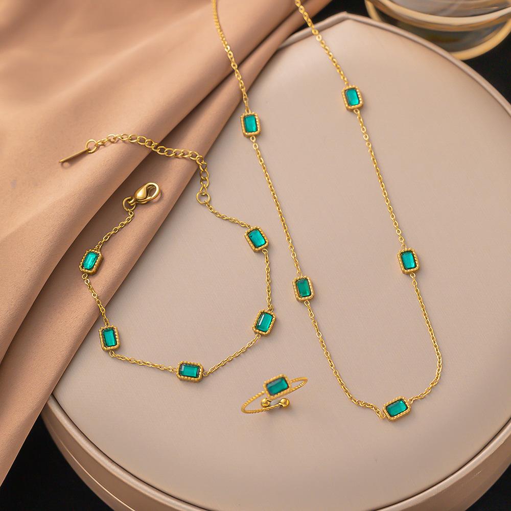 Retro Green Zircon Pendant Necklace Bracelet Ring Women, Crystal Stone Chain Stainless Steel Gold Plated Luxury Gifts
