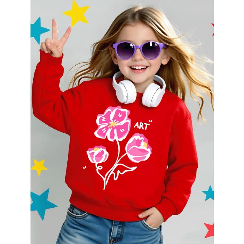 European sizes Girls' Soft Crewneck Sweatshirt, Pink Floral Pattern with Cute Print, Casual All-Match, Ideal Holiday Present