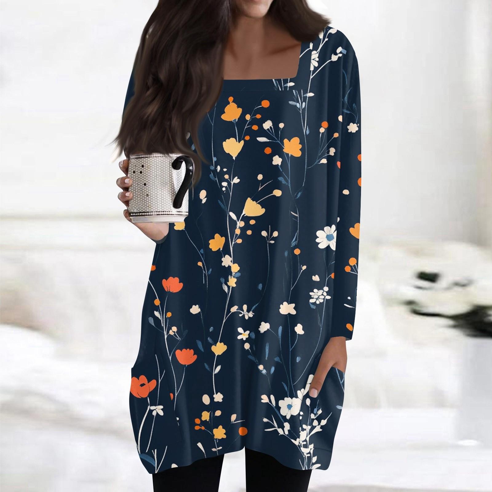 

Женские топы с квадратным вырезом и длинными рукавами, повседневные блузки средней длины, модные туники с принтом и карманами S