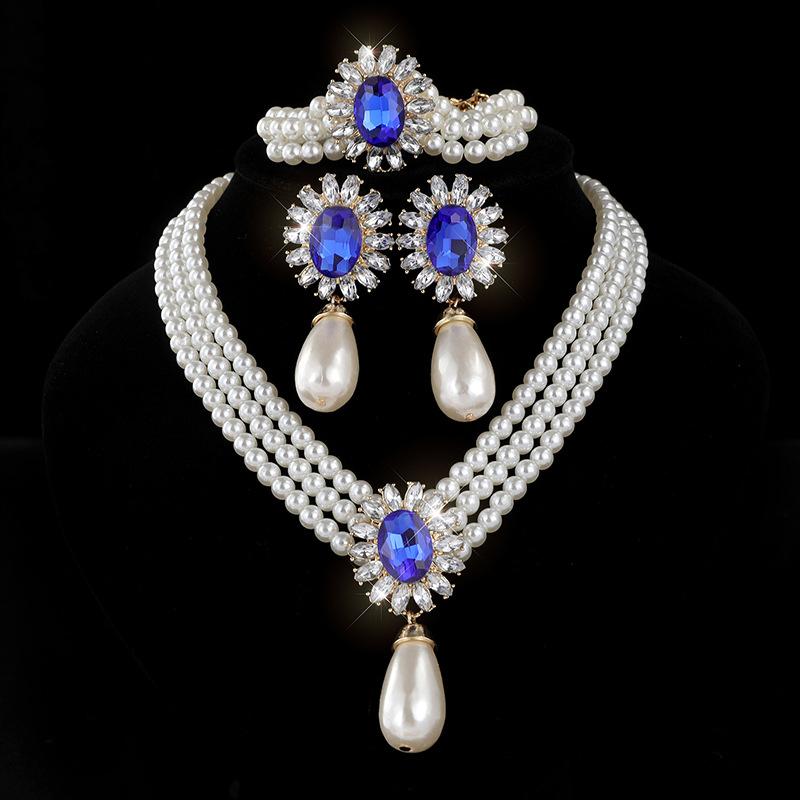 Water Drop Imitation Pearl Necklace Earrings Set Bridal Rhinestones Pearl Clavicle Chain Jewelry Women