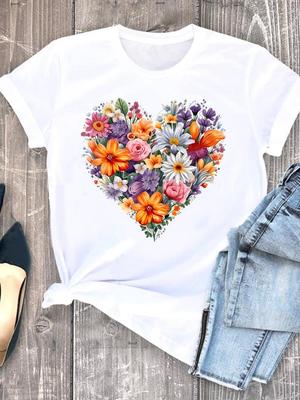 (Asian Size) Women Casual Trend Love Heart Style Flower Short Sleeve T Shirt Fashion Print Lady Female Graphic T-shirts Tee Top Clothing