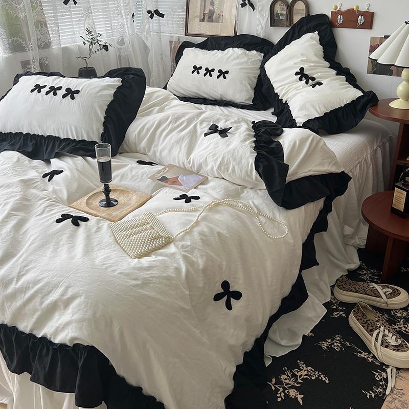 Korean Princess Style Kawaii Girl Black Bow Bedding Set Skin-friendly Soft Duvet Cover Set Bed Sheet Or Bed Skirt Pillowcases