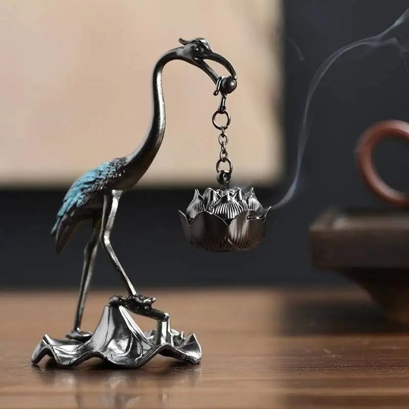 Vintage Alloy Lotus Hanging Stove Iron Crane Buddhist Lotus Incense Burner Table Alloy Sandalwood Incense Burner