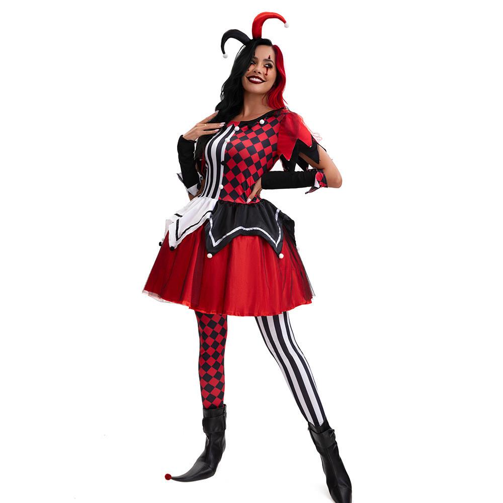 Halloween Female Clown Cosplay Outfit With Red Dress And Headpiece For Themed Parties