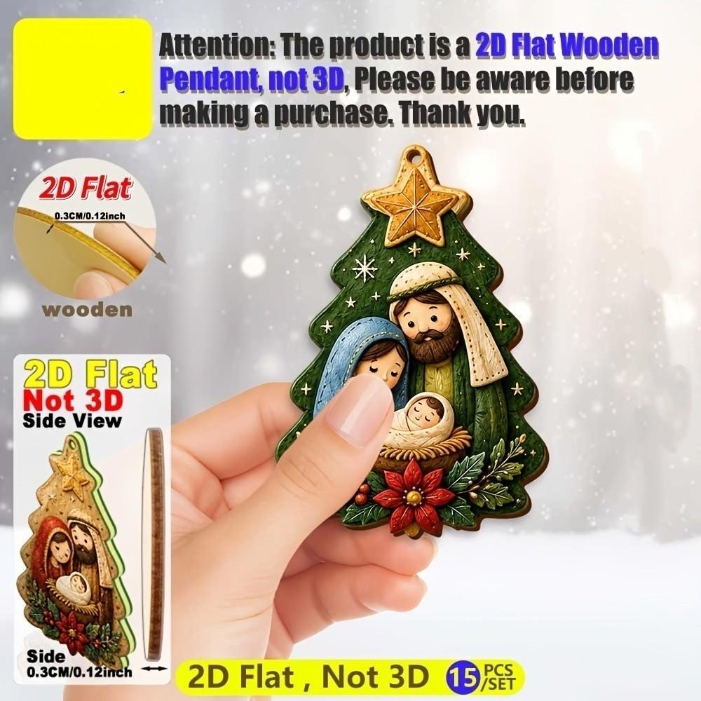 15 Stück 2D Flache Holz Krippenfiguren Ornamente Set Bemalte Religiöse Weihnachtsdekoration Weihnachts-Heimdekoration