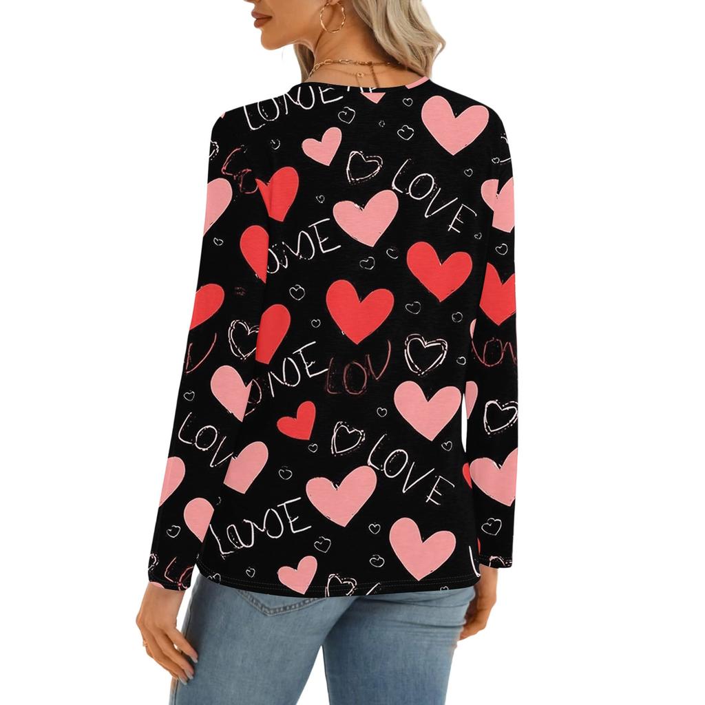 Women's Casual Round Neck Hollow,out Pullover Long Sleeve Valentine's Day Heart Print T,shirt Top