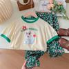 Baby Sets Girls Cute Suit Summer New Outfit Kids Short Sleeve Cartoon T-Shirt Floral Pants 2-Piece Children Casual Clothing