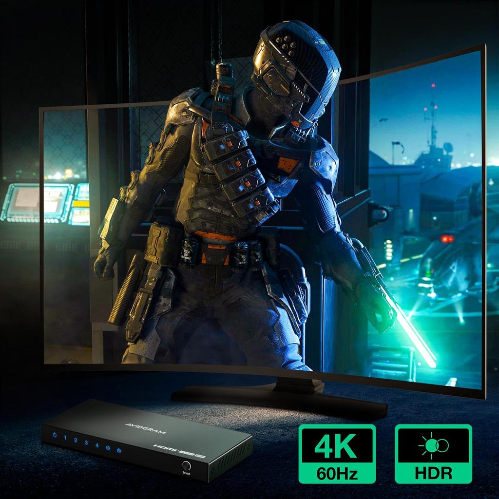 AVIDGRAM HDMI Switcher, 4-Input/1-Output HDMI Selector with IR Remote, HDCP, HDR10, 3D, 18Gbps, Compatible with Xbox, PS4, HDTV, and Monitor.