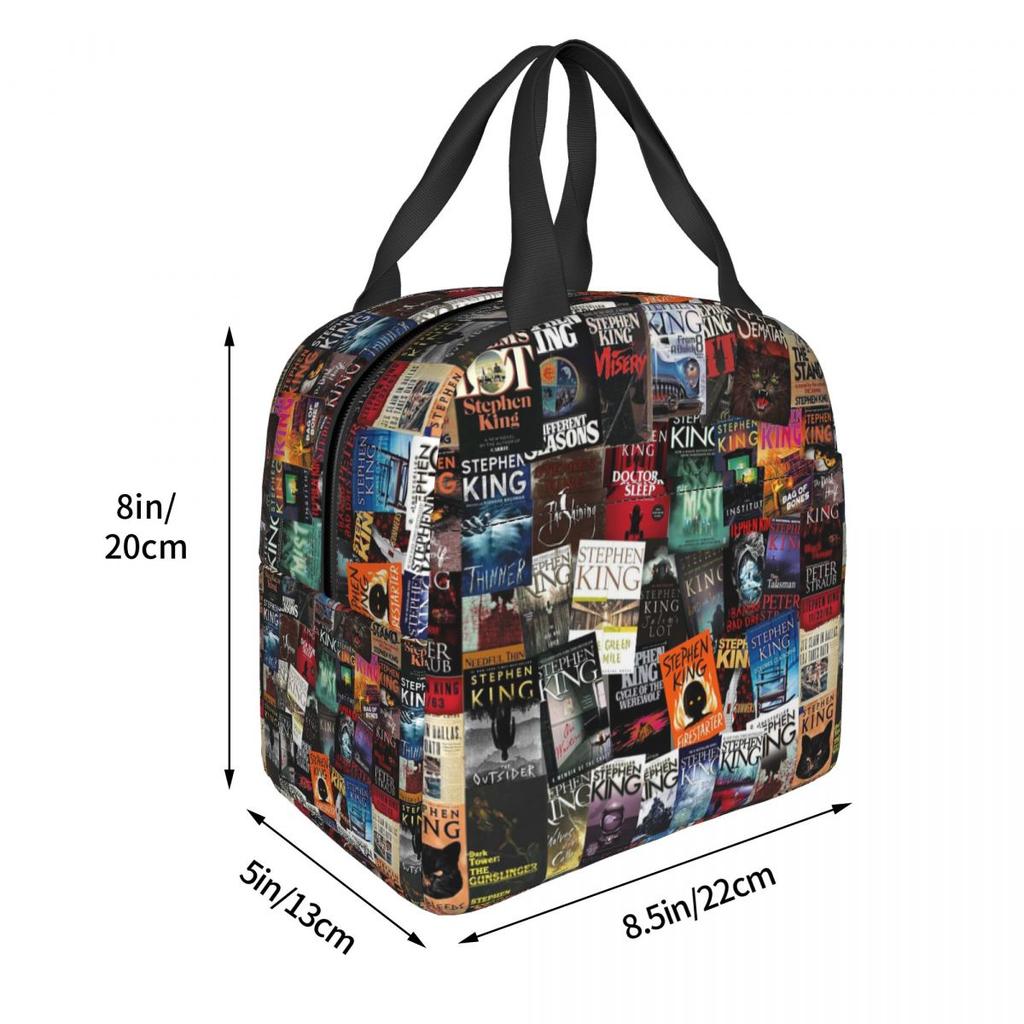 Stephen King Book Covers Horror Bookworm Insulated Lunch Bag for Women Children Portable Food Boxes Thermal Lunch Box Tote