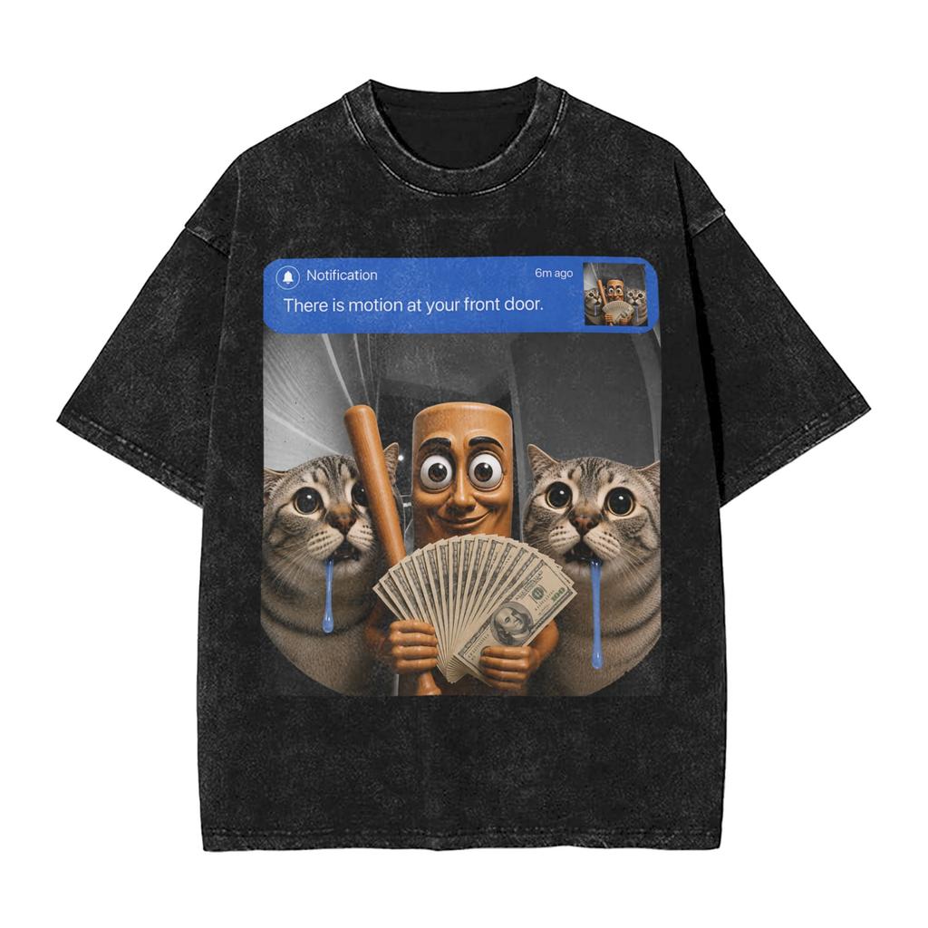 There Is Motion At Your Front Door Tung Tung Tung John Pork Men T Shirts Washed Vintage Tee Shirt Short Sleeve Crewneck Tshirt