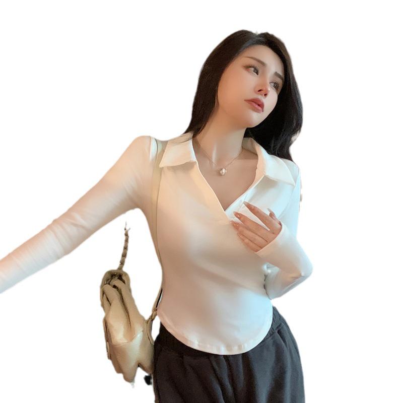 Curved V-Neck Long Sleeve Slim Fit Women's Korean Top – Sweet & Spicy Trendy Style