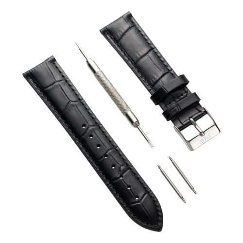 

JMW TOKYO Мужской ремешок для часов с фазой Луны, ширина ушка 20 мм, сменный ремешок из натуральной кожи, черный с серебристой пряжкой, включает инструменты, шпильки и