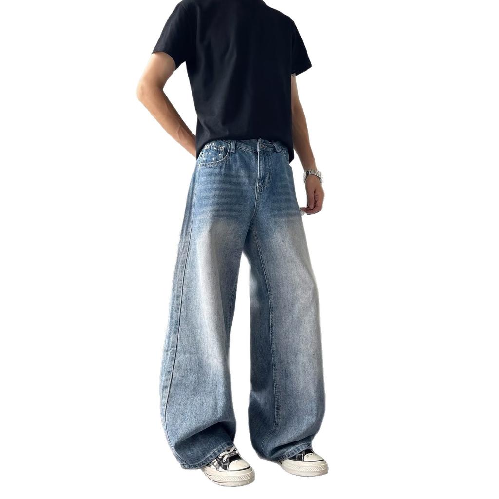 New washed jeans for men, spring/autumn trendy straight-leg loose wide-leg pants for casual wear