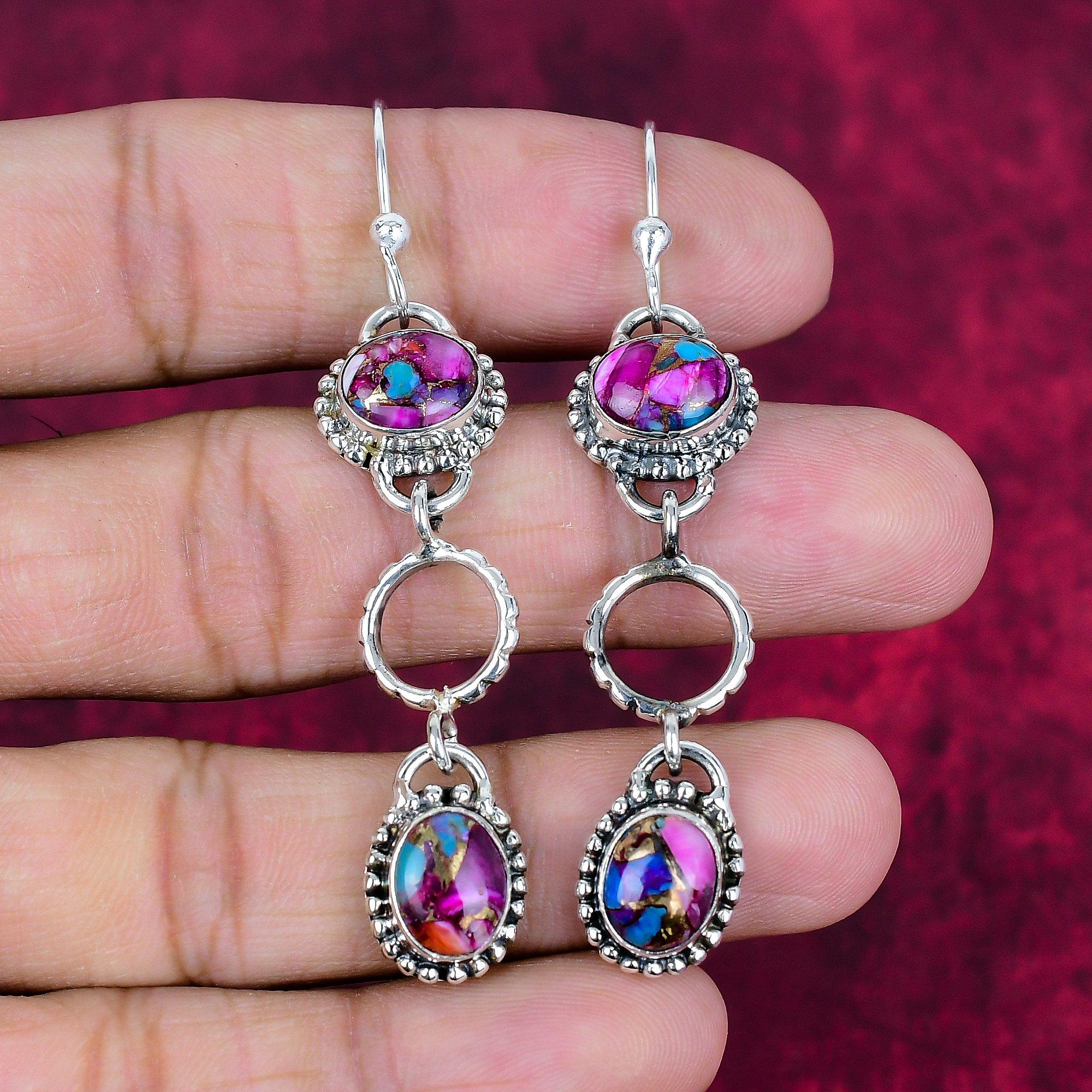 

Медные серьги с бирюзой и колючей устрицей, ювелирные изделия из цельного стерлингового серебра 925 пробы с драгоценными камнями, серьги ручной работы, на День памяти 2.76 Inches