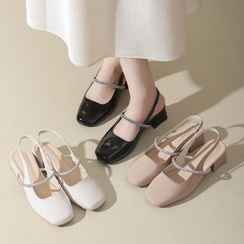 One word with bag head sandals women's thick heel summer 2025 new middle heel square head empty single shoes versatile high heels