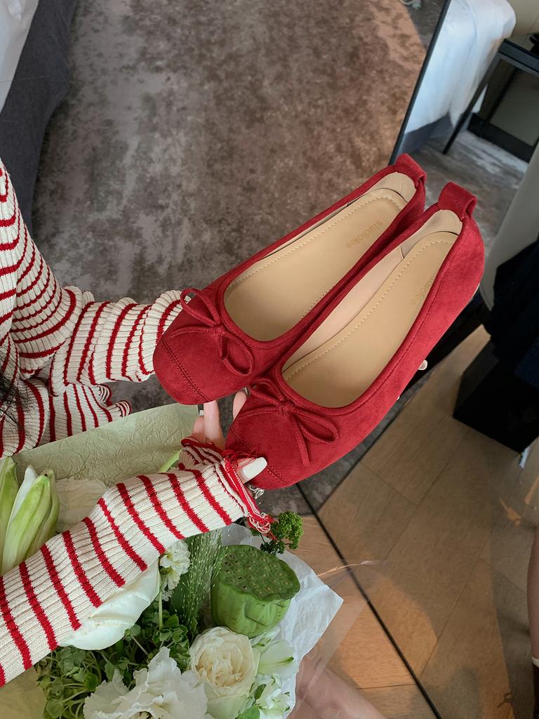 Sheepskin Version of Grape Mother, the Same Round Head Ballet Style Bow Flat Shoes, Soft Shallow Mouth Single Shoes Women's Leather Ladyshoes