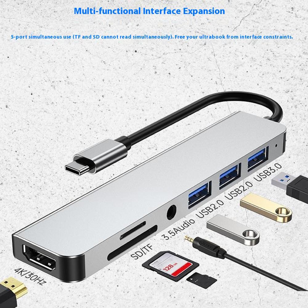7-in-1 USB-C Hub Type-C to HDMI + USB 3.0 x1 + USB 2.0 x2 + SD + TF + Audio Docking Station for Phone/Laptop/Tablet