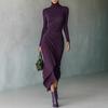 Elegant High Neck Wrap Dress With Cinched Waist Asymmetrical Hem Womens Knit Midi Winter 2025