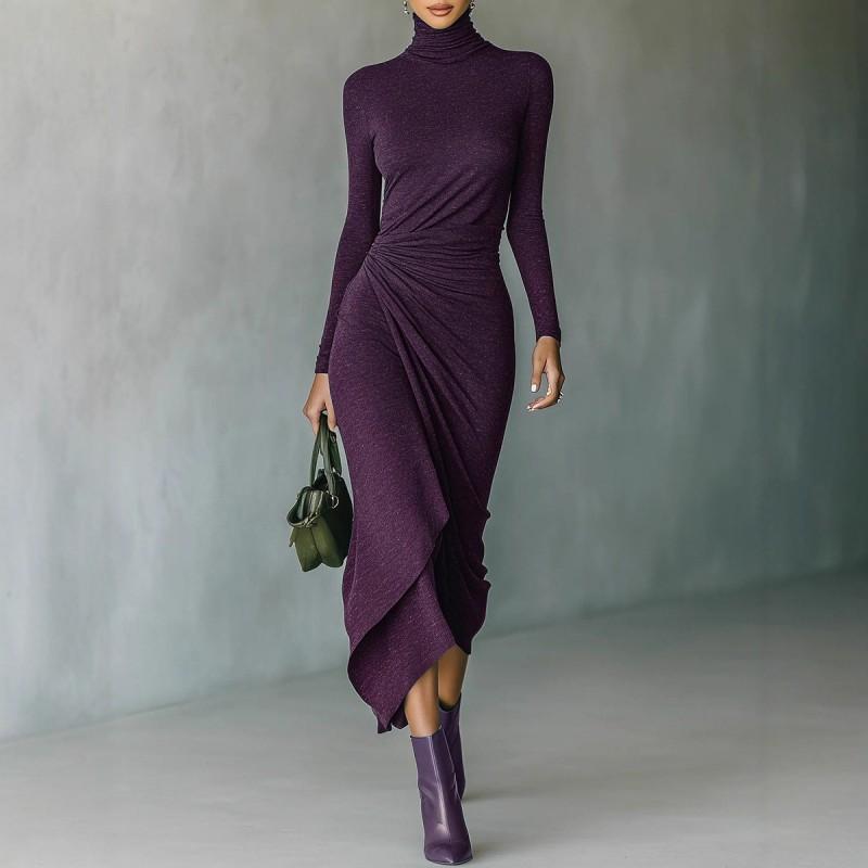 Elegant High Neck Wrap Dress With Cinched Waist Asymmetrical Hem Womens Knit Midi Winter 2025