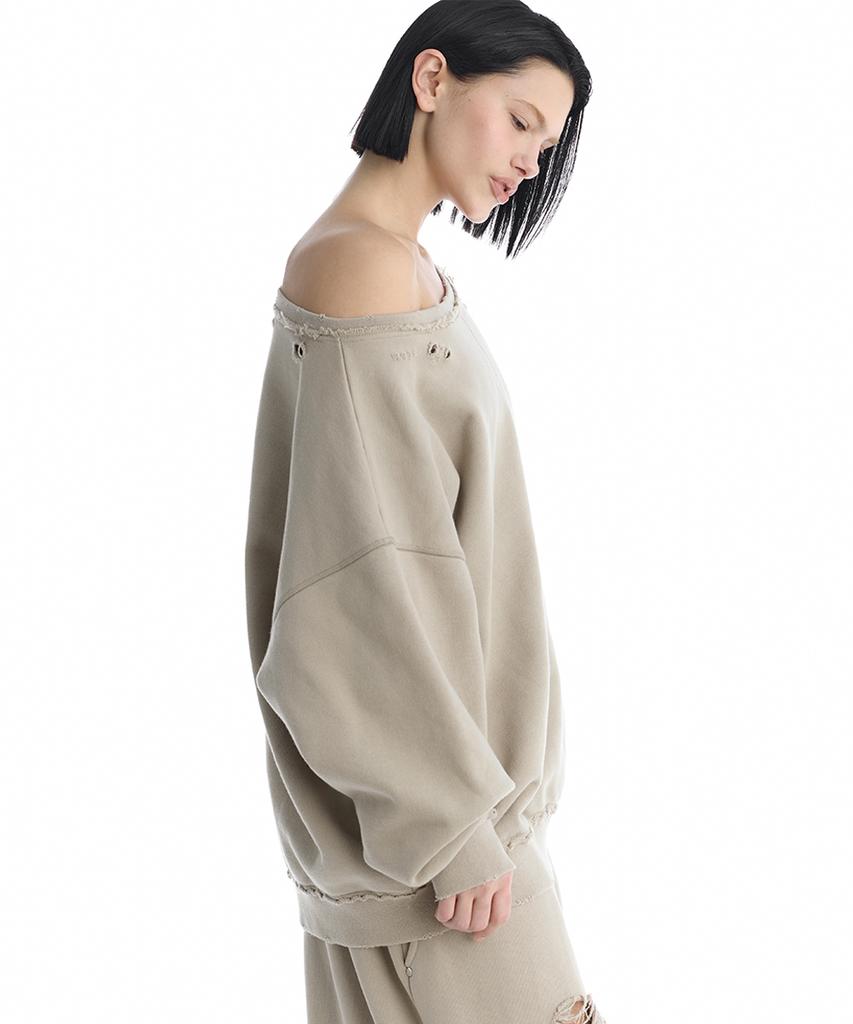 Teulimingbeodeu Scratch Damage Boat Neck Sweat Shirt [ Beige ]