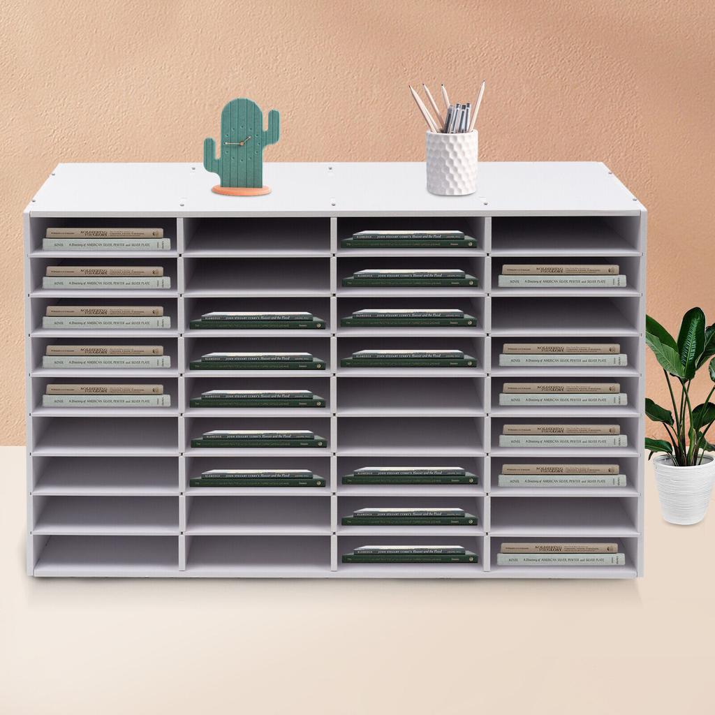 36 Slot Literature Organizer Adjustable White Wood File Sorter Mail Center Classroom Magazine Storage Rack