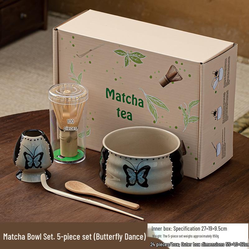 Hand-Painted Matcha Tea Ceremony Set: Whisk, Stirrer, Hyakuhon-date Chasen, and Souvenir Brush