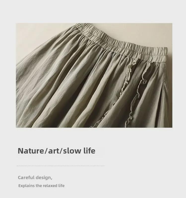 Jupe trapèze taille haute tendance en coton et lin: Mi-long avec bords volantés pour une coupe drapée et amincissante.