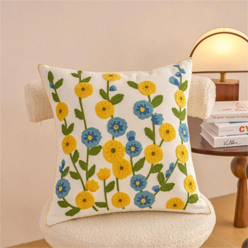 Pillowcase Flower Embroidered Canvas Cotton Pillowcase Soft Breathable Cushion Cover For Sofa Bedroom Home Decoration X3UC