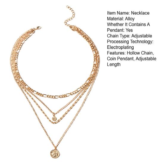 Women Necklace Multi-layered Coin Pendant Thick Hollow Chain Adjustable Length Electroplated Hip Hop Club Party Punk Neck Jewelry