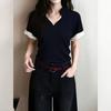 Black V-neck Front Shoulder Short-sleeved T-shirt Women's Summer Women's Clothing New Summer Ootd Wear Korean Beautiful Top