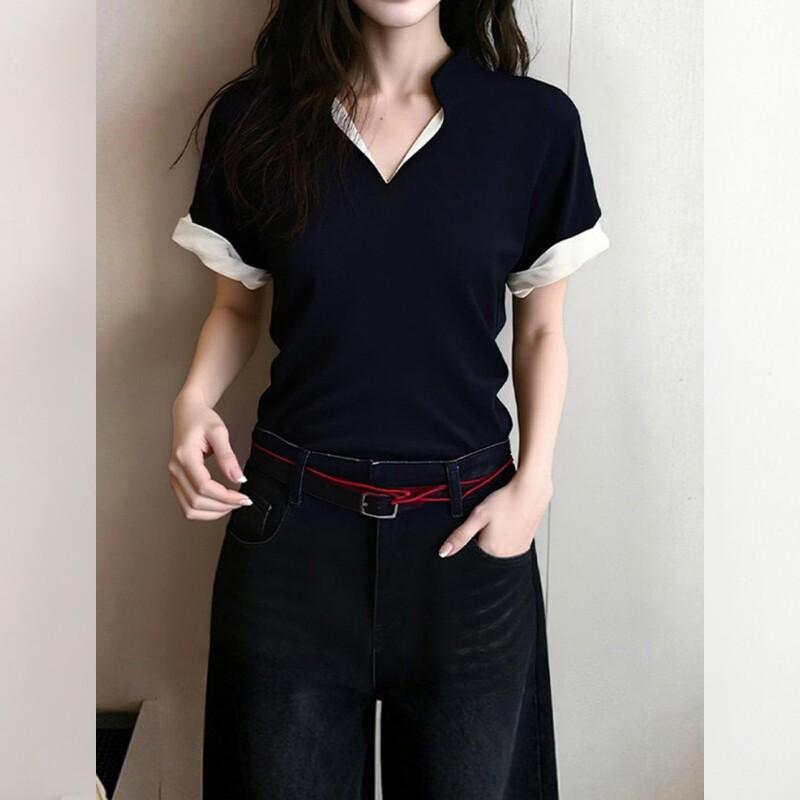 Black V-neck Front Shoulder Short-sleeved T-shirt Women's Summer Women's Clothing New Summer Ootd Wear Korean Beautiful Top