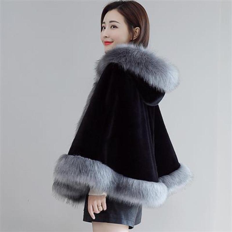 New Hooded Cape Cape Winter Shawl Coat Imitation Fur Coat Women's Medium and Long Imitation Fur