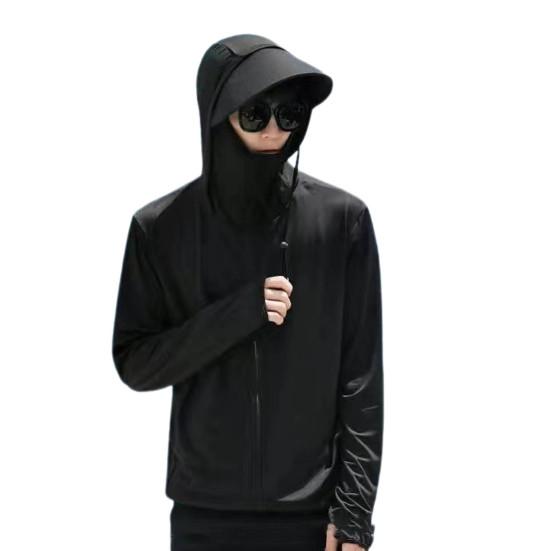 Men Summer Sun Protection Clothing Hooded Drawstring Long Sleeve UV Protection Coat Solid Color Zipper Placket Anti-UV Fishing Clothing