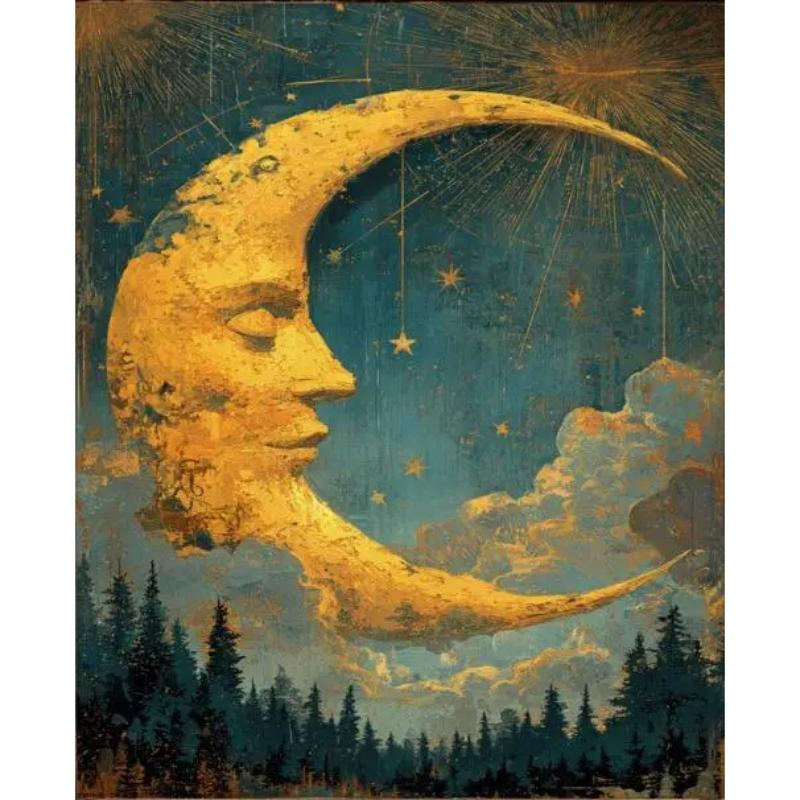 Fantasy Mondsichel Leinwandbild für Wohnzimmer Heimdekoration Mond am Sternenhimmel Poster Druck Abstrakte Wandkunst