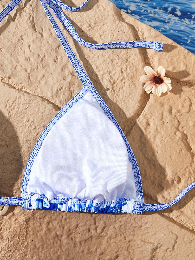 European & American Blue & White Porcelain Print Bikini - Lace-up, Sexy, Split Swimsuit for Women