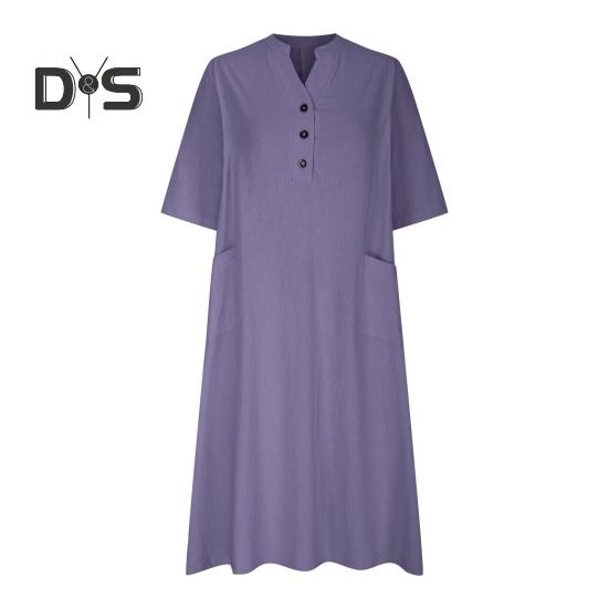 Summer Spring Dress with Pockets Buttoned V Neck Pleated Loose A-line Hem Half Sleeves Solid Color Midi Dress for Daily Wear Party Dating