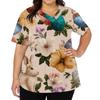 Women's Fashionable V-neck Short-sleeved Work Top With Double Side Slits And Pockets, Featuring Easter Bunny And Egg Prints.