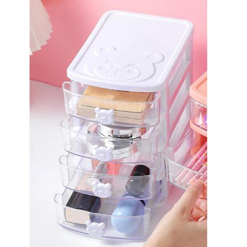 Drawer Organizer 4 Tier Cute Bear Handle Stackable Transparent Look Desktop Storage Box for