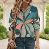 Women Plus Size V Neck Front Zip Blue Beige Watercolor Printed Long Sleeve Sweatshirt