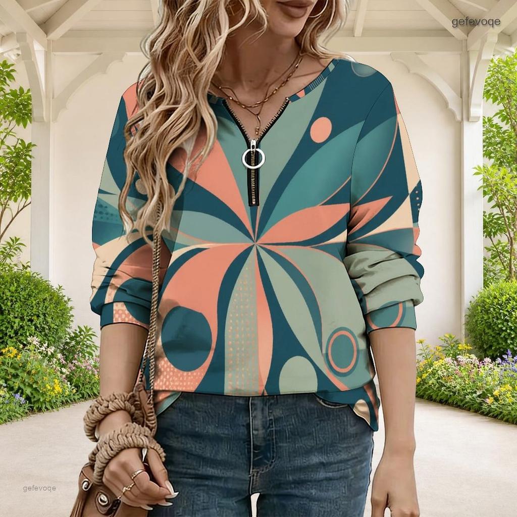 Women Plus Size V Neck Front Zip Blue Beige Watercolor Printed Long Sleeve Sweatshirt