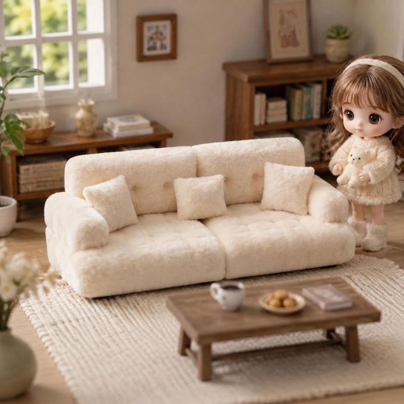 Miniature Sofa Model Figurine for Doll House Scene Display Room Styling with Flocking Texture, Model House Decoration and Pretend Play Use
