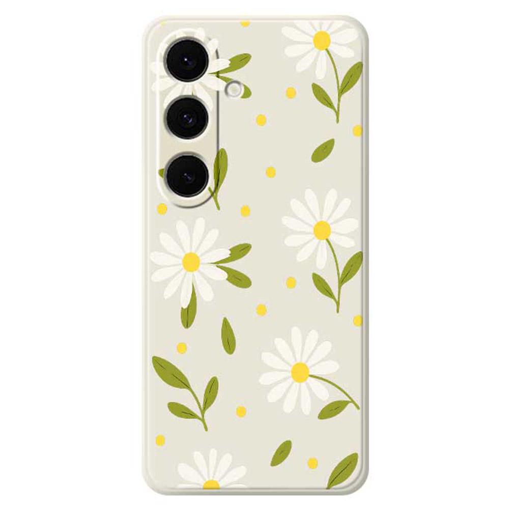 

For Samsung Galaxy S25+ Case White Flowers Green Leaves Pattern Printing Straight Edge TPU Phone Back Cover Beige