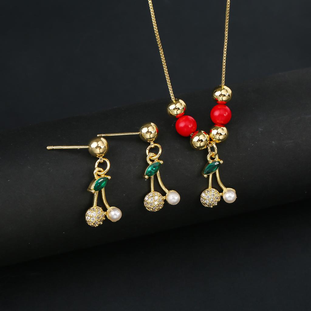 2pcs 22 Style Fashion Fruit Cherry Zircon Crystal Jewelry Set Earrings Necklace  For Women Female New Trend Party Jewelry Gift