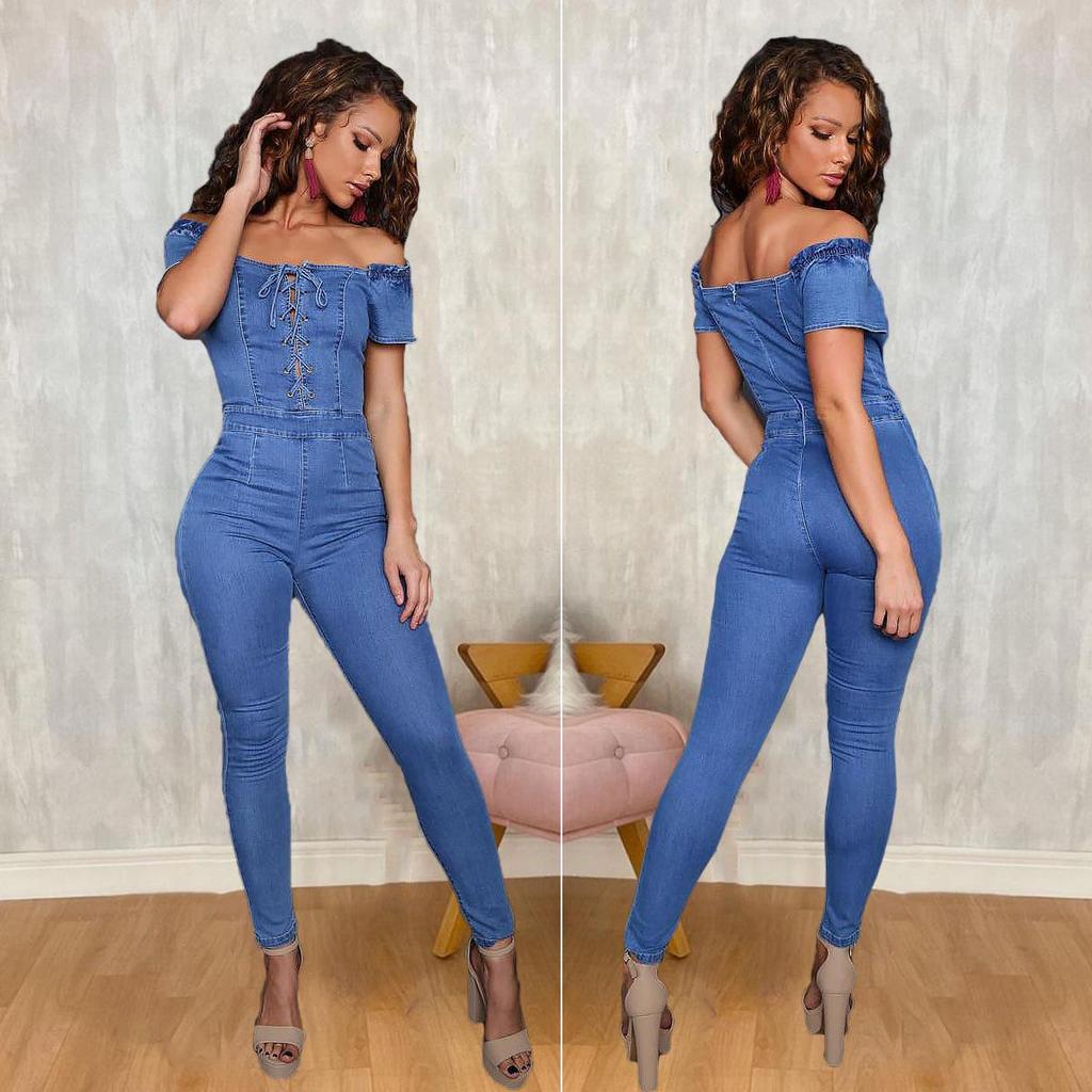 Women's One-shoulder Eyelet Lace-up Sexy Denim Jumpsuit - European & American Fashion 2023