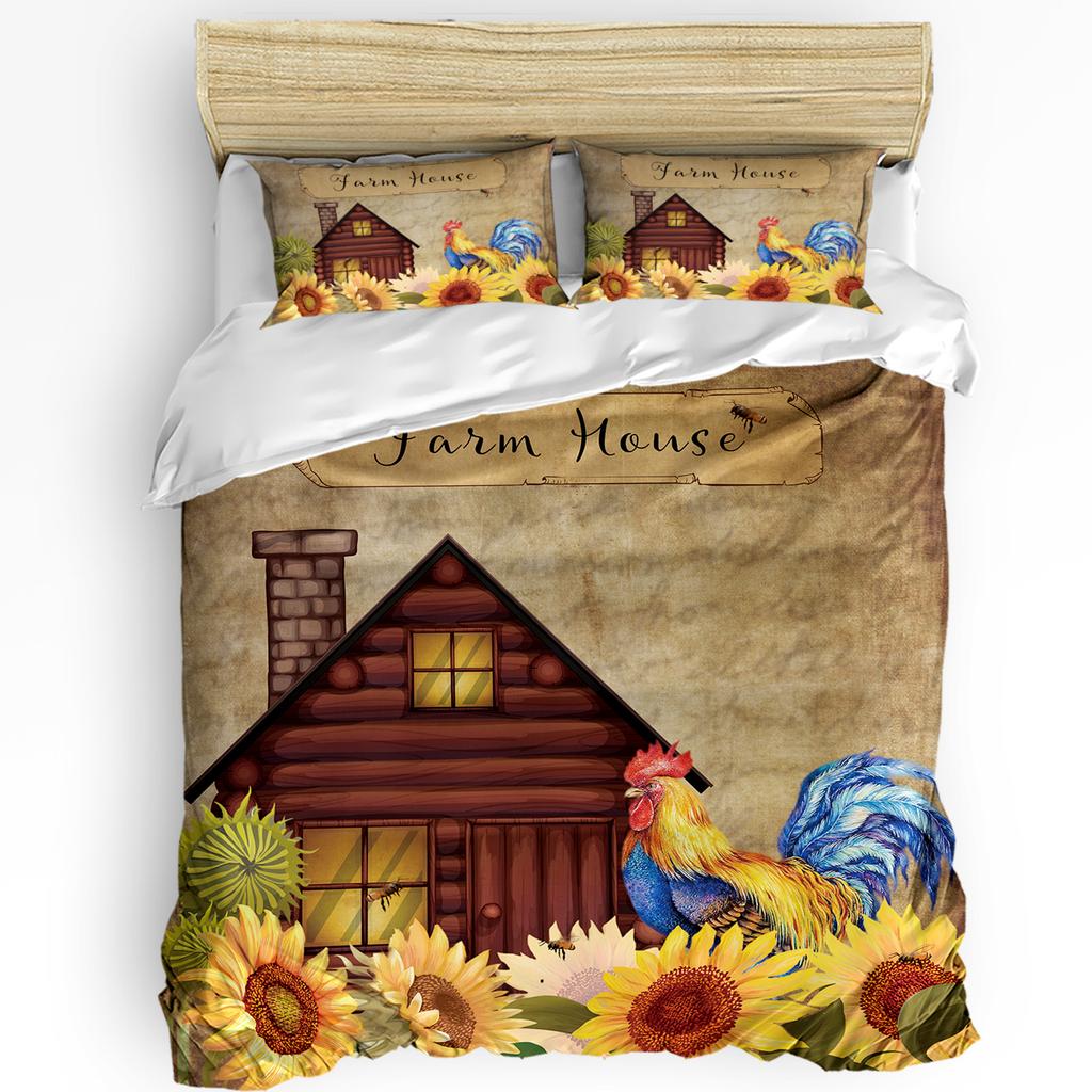 Juego de Funda Nórdica Retro de Gallo y Gallina de Granja 3 Piezas Ropa de Cama Personalizada Funda de Colcha para Cama Doble Textil para el Hogar