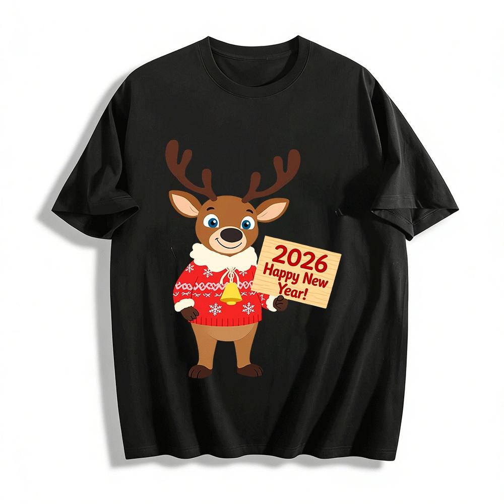 2026 Happy New Year Reindeer Print Casual Festival Long Sleeve Top Pure cotton T-shirt XXS