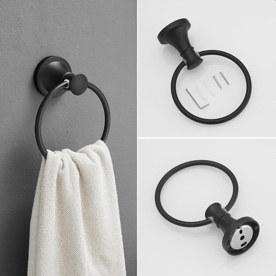 RUMOSE Toilet Paper Holder and Hand Towel Ring Matte Black Wall Mount Bathroom Hardware Accories 2 PCS Set Flexible Pivoting To